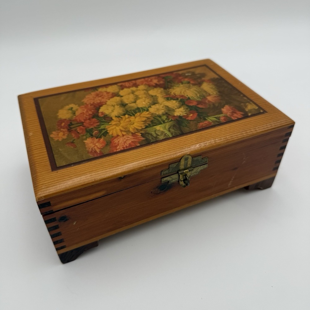 Vintage Cedar Jewelry Box, Sewing Box, Trinket Box or Stationary Box W/ Lock Key
